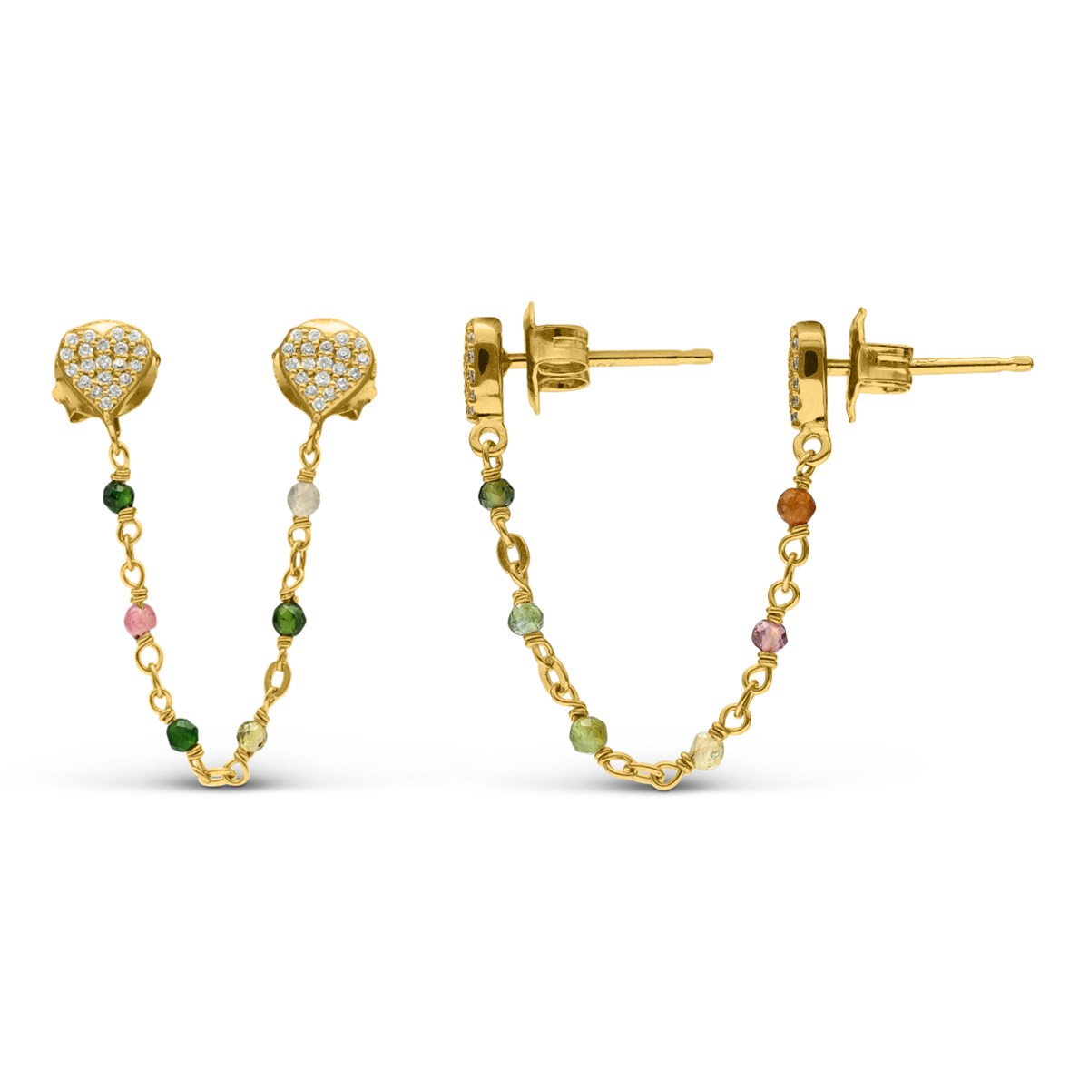 Boucles D'oreilles Argent Doré Doubles Reliées Coeur Multi-tourmaline