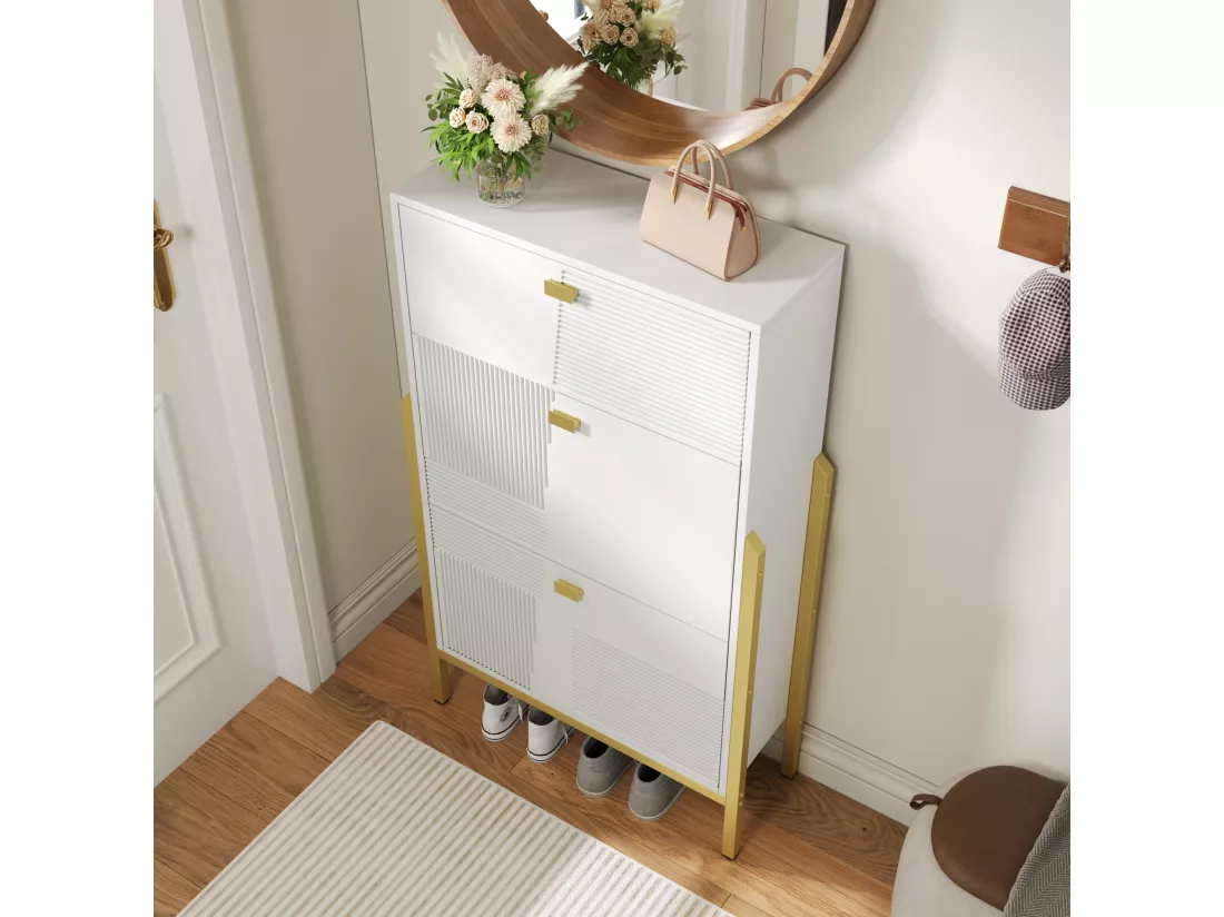 Armoire à chaussures avec tiroirs, porte-chaussures double avec poignées et pieds dorés, design moderne, rangement pratique