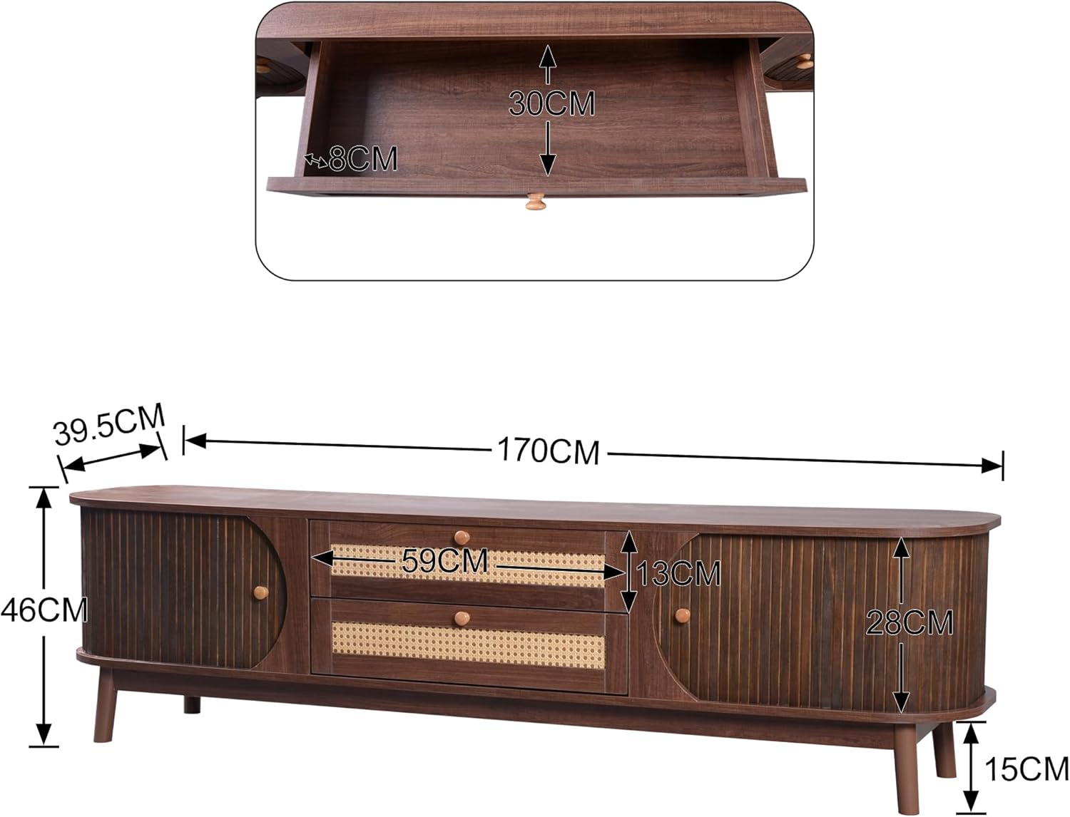 Merax TV Ständer, Lowboard TV Board mit 2 Schubladen und 2 Schiebetüren aus Massivholz, TV-Schrank mit Rattan, Landhausstil Sideboard, Fernsehschrank für Wohnzimmer Esszimmer, 170cm, Braun