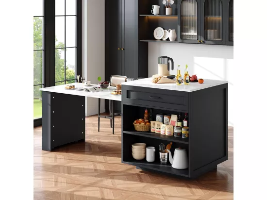 Table de bar extensible 133-202cm avec rangement 2 tiroirs 4 compartiments îlot cuisine repas 2-6 personnes noir