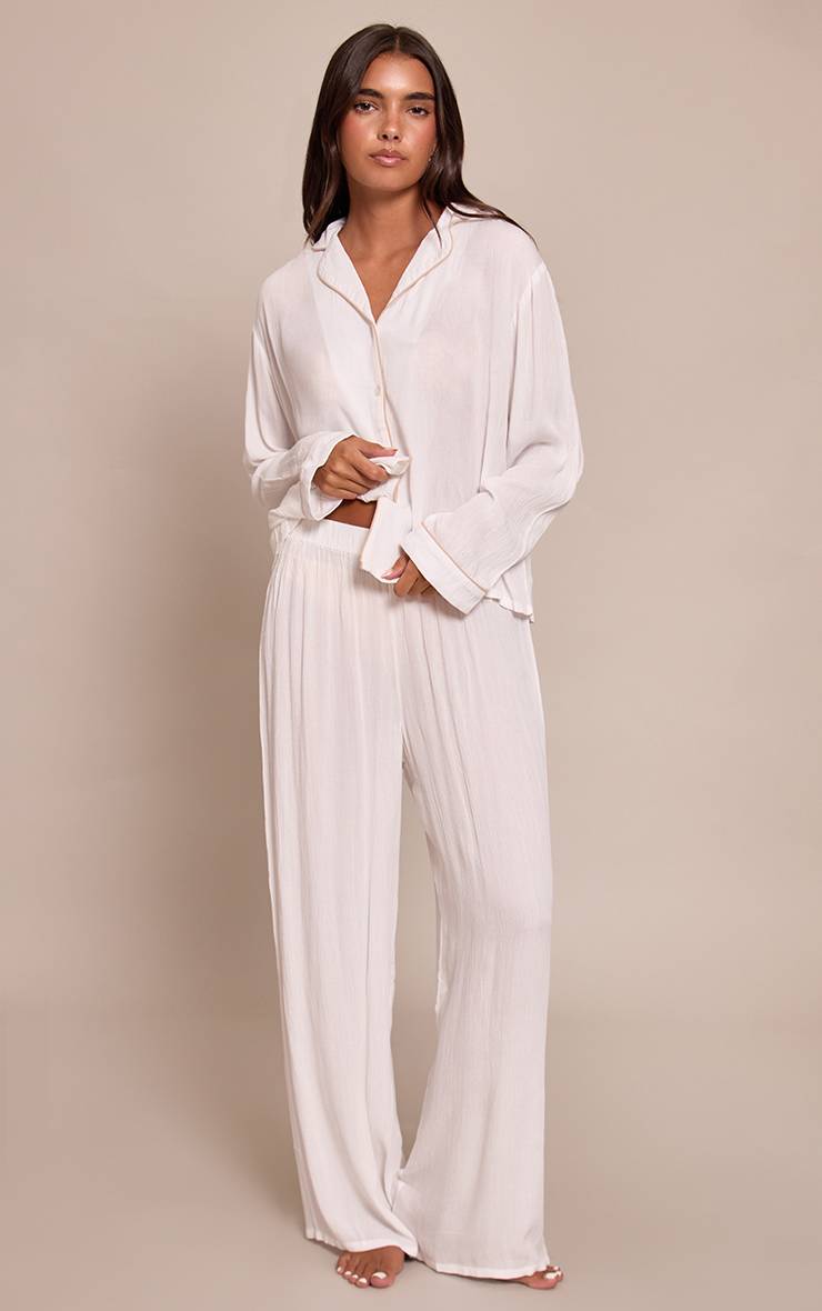 Blanc Ensemble Pyjama Long Froissé À Passepoil Contrasté