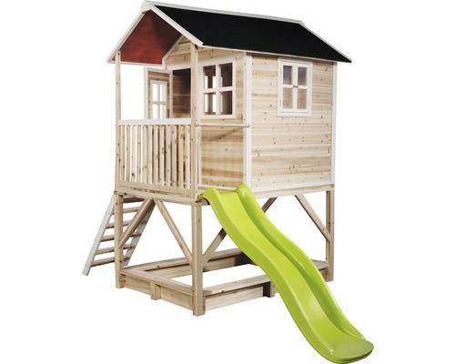 EXIT Loft 500 paalwoning, 328 x 185 x 255 cm, natuurlijk hout, met zandbak en glijbaan
