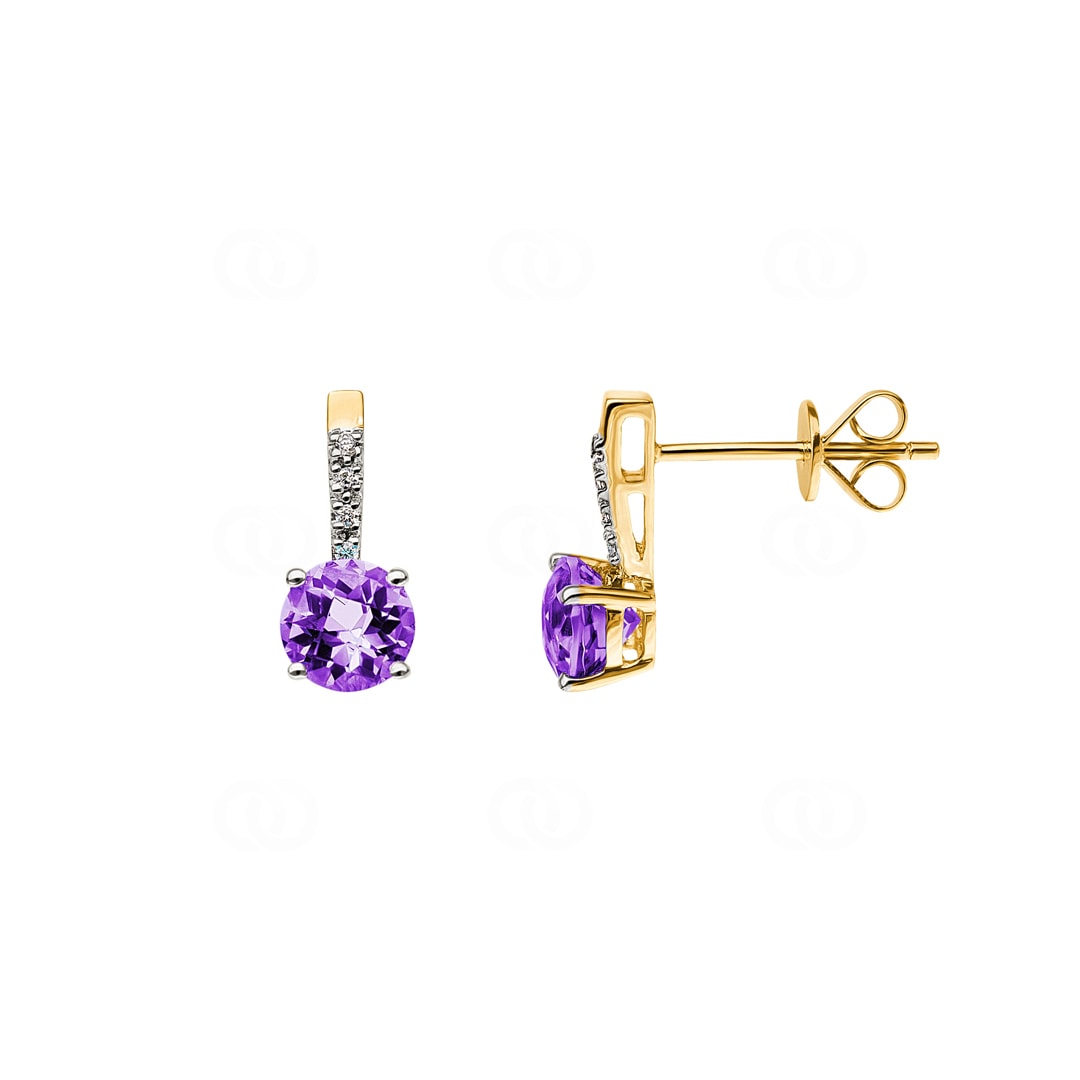 Ohrstecker 750/18 K Gelbgold mit Amethyst rund und Diamanten 0.02 ct H/si