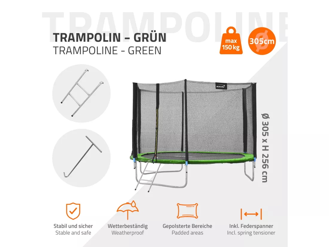 Hauki Trampoline Outdoor, Ø305 cm, vert, certifié GS, trampoline de jardin rond pour enfants jusqu'à 150 kg, set complet avec filet de sécurité, échelle, couverture des bords, barres rembourrées, trampoline stable pour enfants