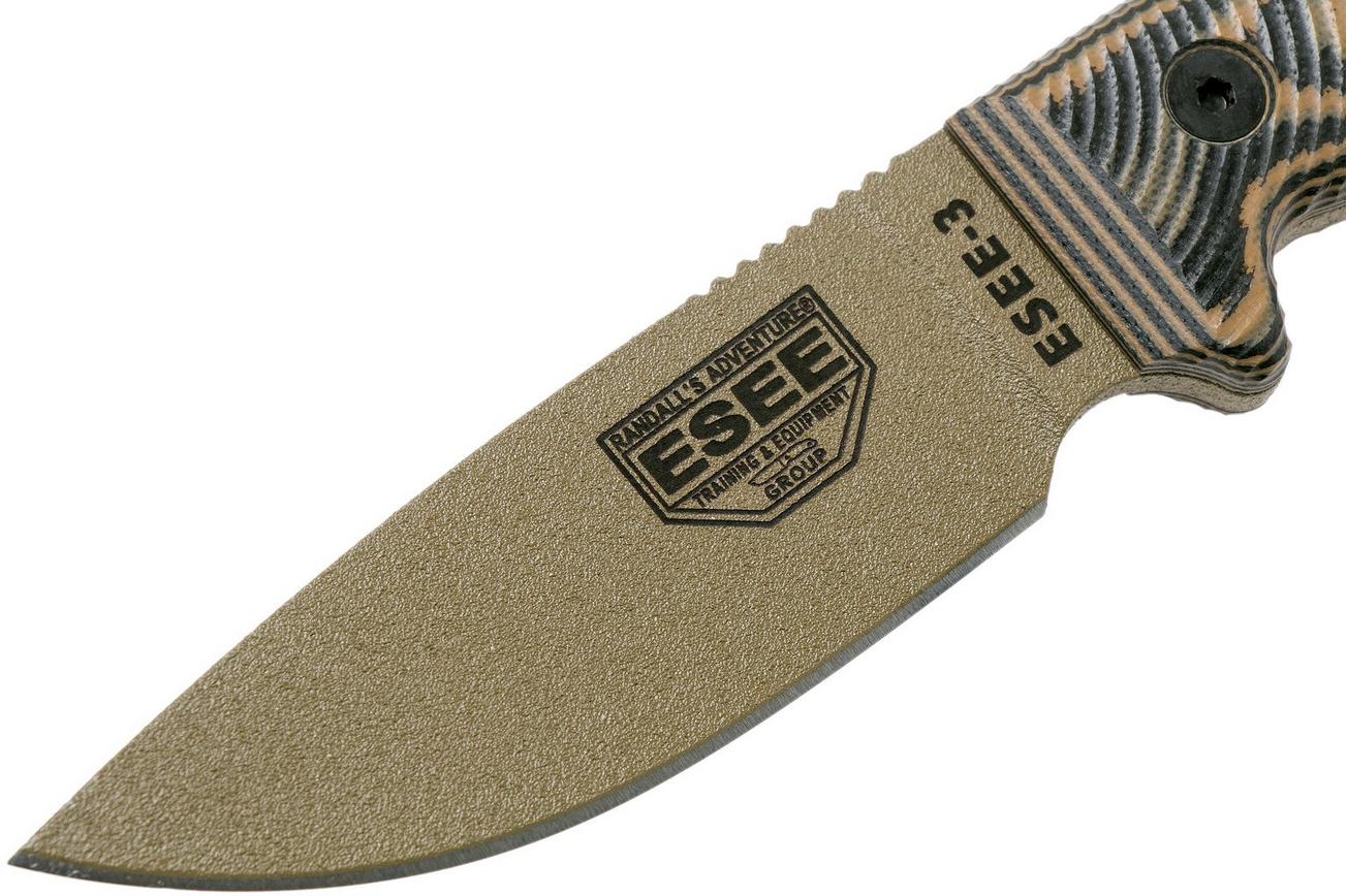 ESEE Model 3 Dark Earth Blade 3D Coyote-Black G10 survivalmes 3PMDE-005 zwarte schede   riemclip