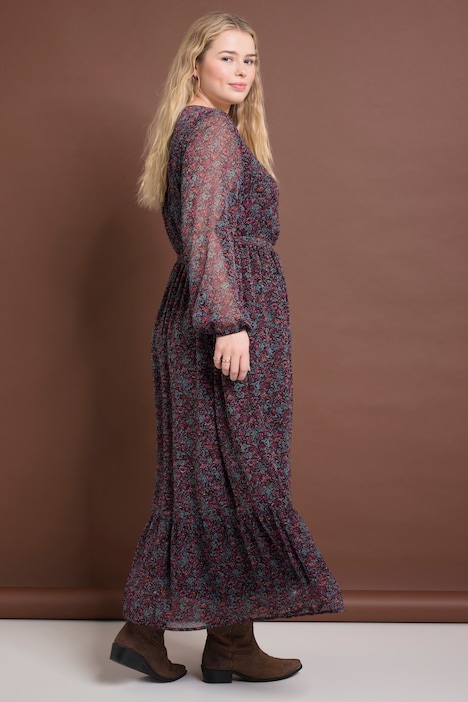 Maxikleid, A-Line, Paisley Print, V-Ausschnitt, elastische Taille, Langarm