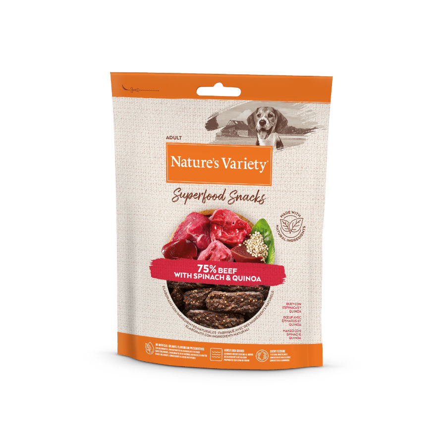 Barras de carne Nature's Variety, petiscos supernutritivos para cães.