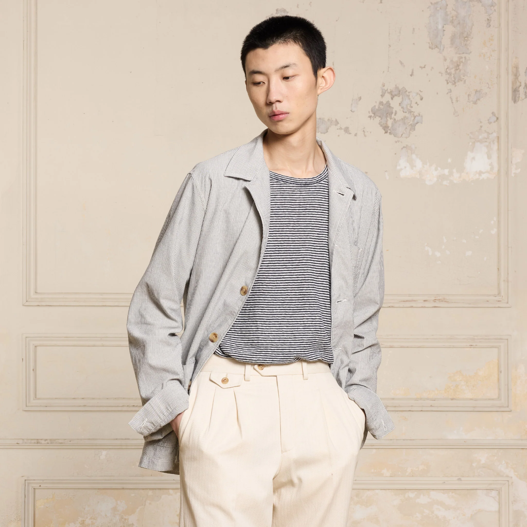 Blue and ecru striped work jacket
