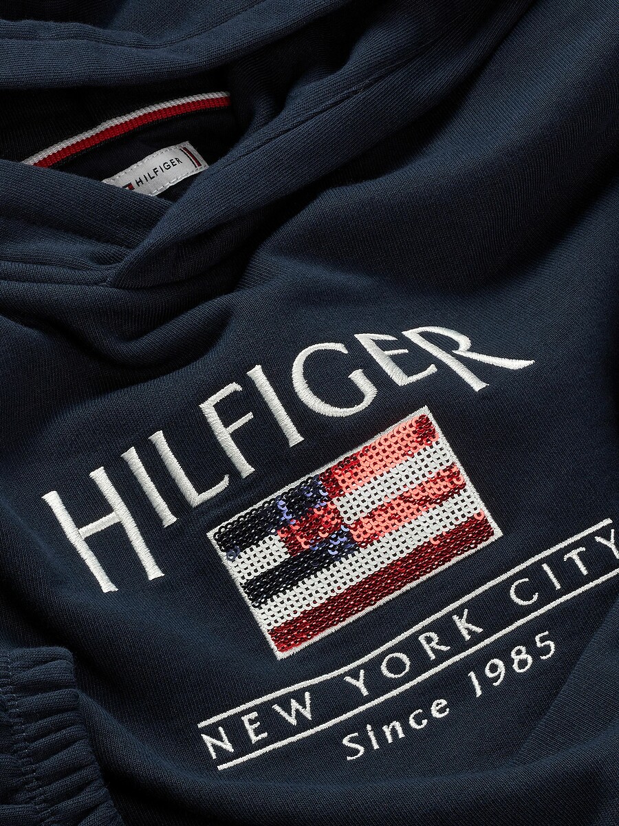 TOMMY HILFIGER<br>Moletom com capuz, logo com lantejoulas, tecido fleece