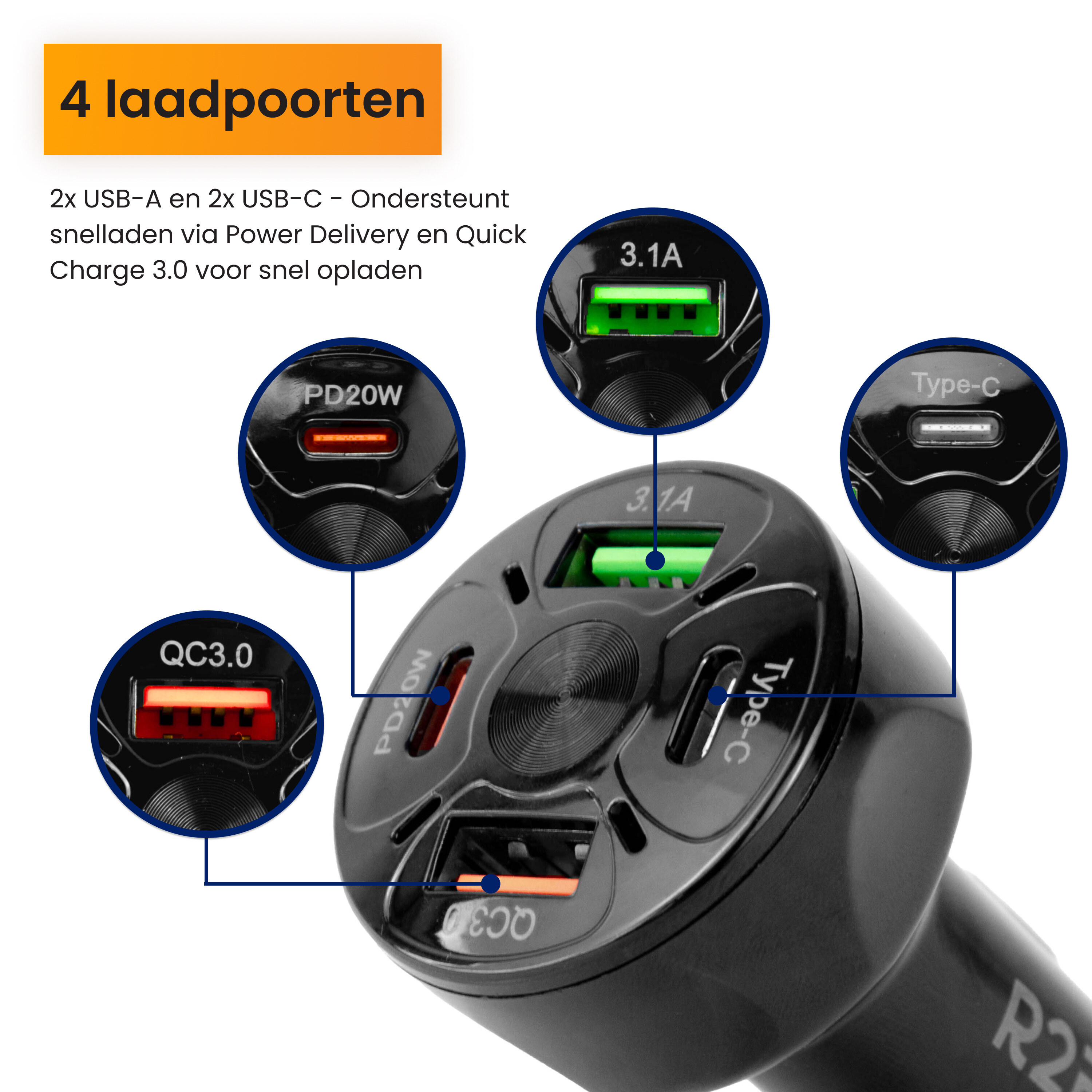R2B 20W USB-C & USB-A autolader - Black