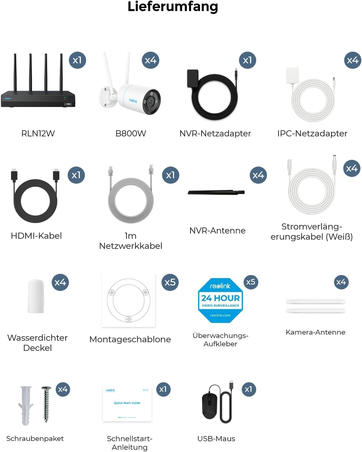 Reolink 4K WLAN Überwachungskamera Set Aussen, 4X 8MP Wi-Fi 6 Kamera Aussen, 12CH WLAN NVR mit 2TB HDD, Vollmetallmaterial, Farbnachtsicht, Person/Fahrzeug/Tiererkennung, 2-Wege-Audio, RLK12-800WB4