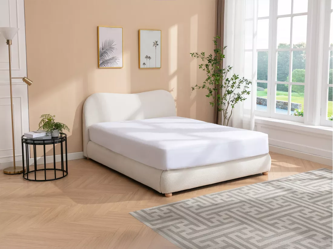 Lit coffre 180 x 200 cm - Tissu bouclette - Blanc + Matelas - VANARI