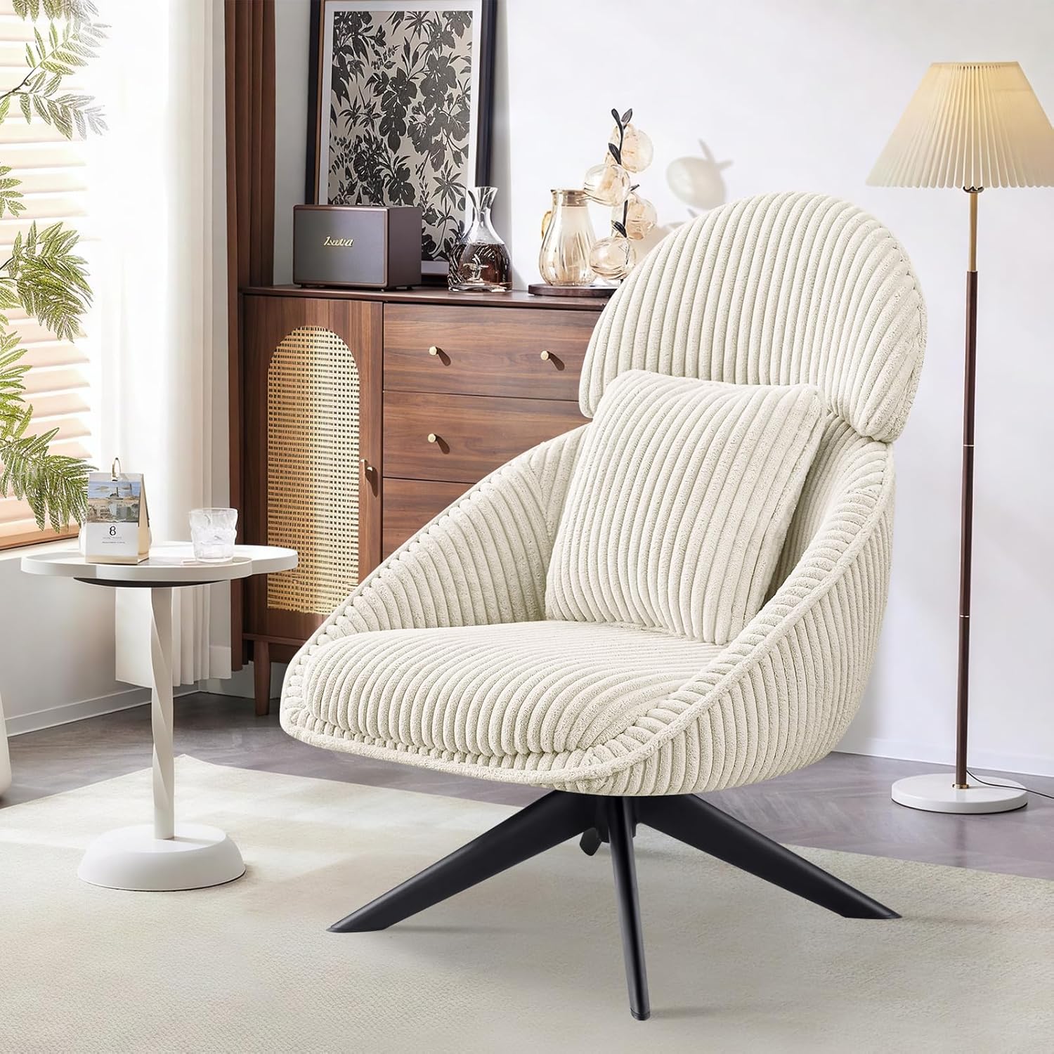 Loungesessel Sessel Wohnzimmer 360°Drehbar, Ohrensessel Armlehnstuhl Polsterstuhl mit dickem Abnehmbares Wurfkissen, Relaxsessel Lesesessel für Wohnzimmer Schlafzimmer Büro, Beige
