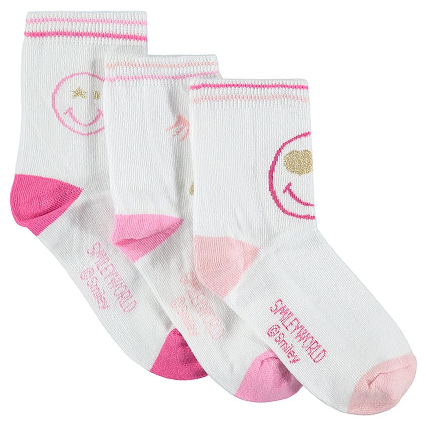 Lot de 3 paires de chaussettes unies avec motif Smiley en jacquard - Blanc