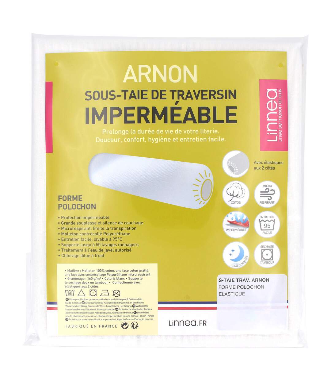 Housse de protection de traversin imperméable 90 cm ARNON molleton coton contrecollé polyuréthane