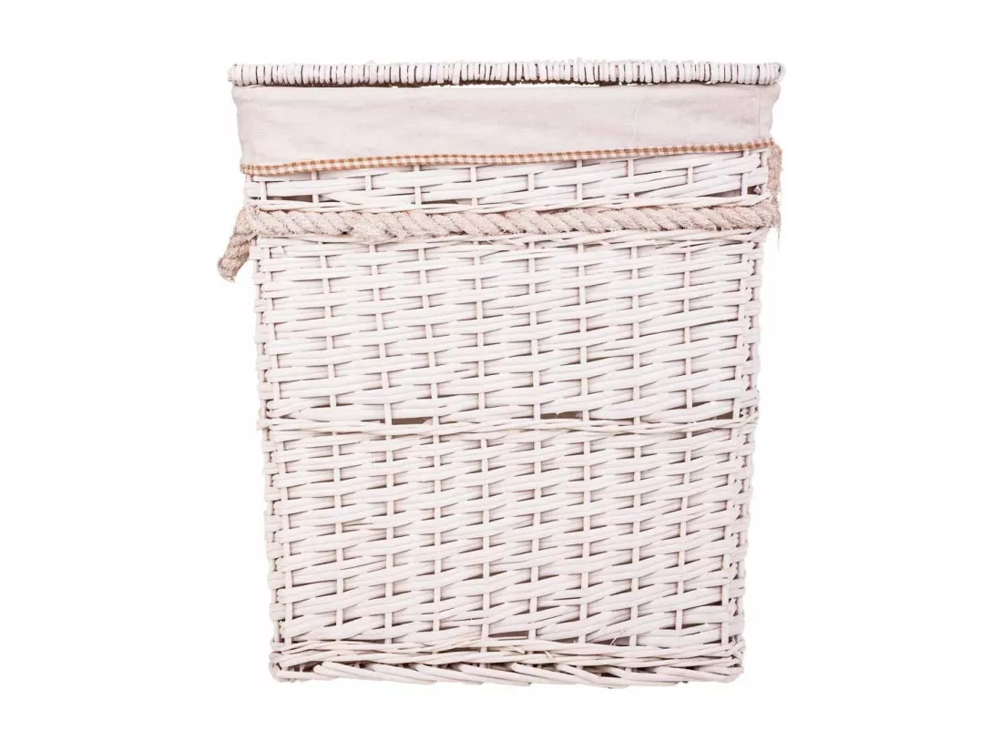 Set de corbeille à linge et deux paniers en osier doublés blancs