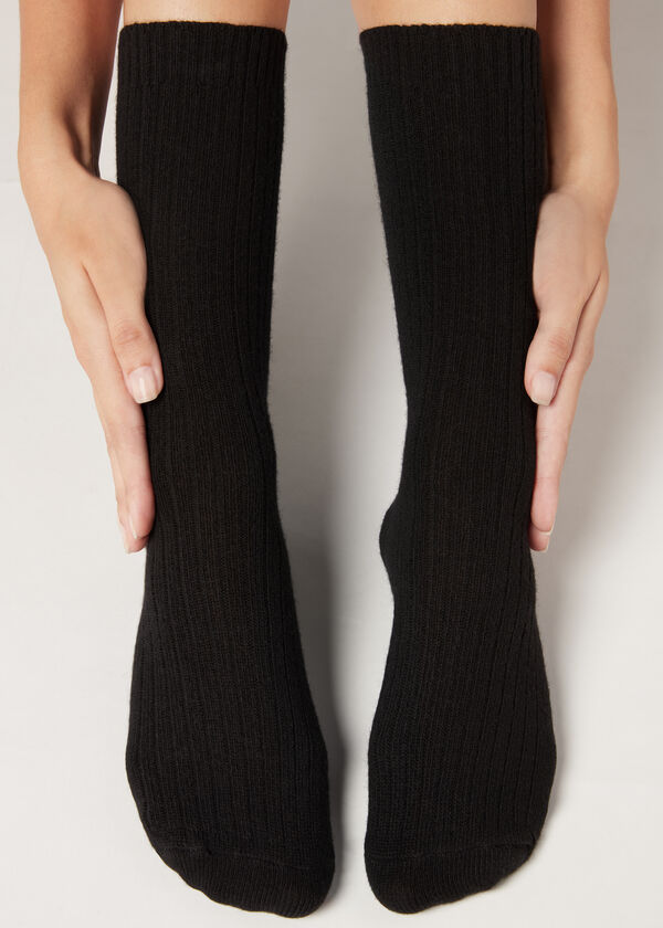 Meias curtas caneladas em lã e cashmere