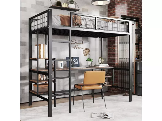 Lit mezzanine 90x200cm - avec table + étagère - avec échelle à quatre marches - fer + panneaux de particules - noir (sans matelas)