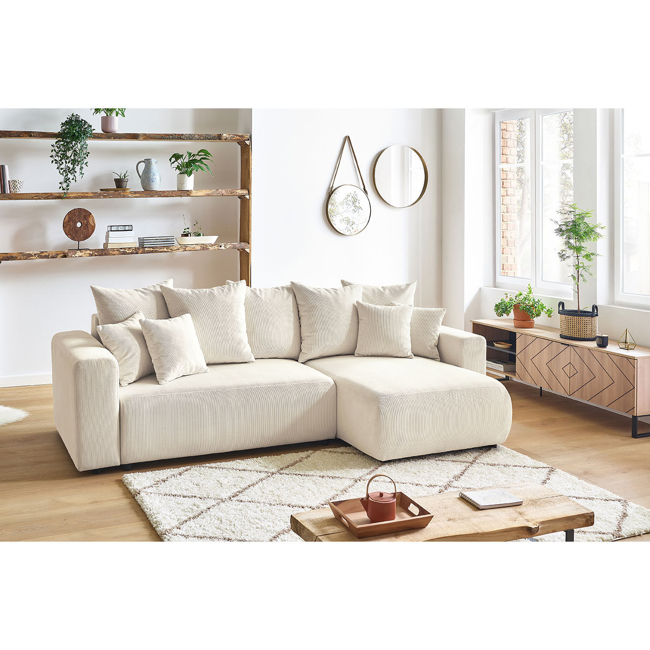 Bobochic Canapé d'angle convertible reversible velours côtelé Envy beige - 282x153x95 cm