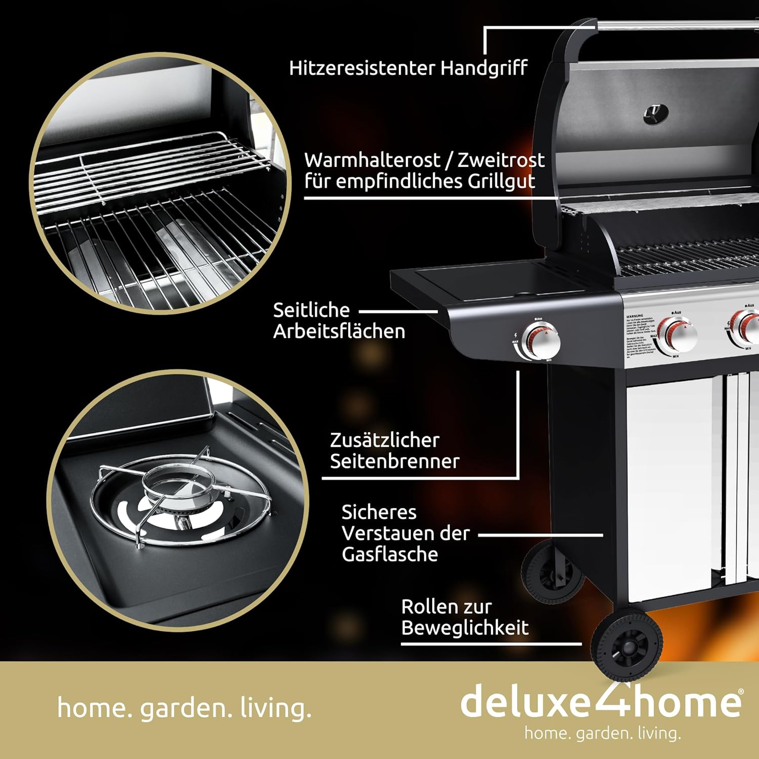 Gasgrill BBQ Grillwagen mit Deckel I 3+1 Seitenbrenner XXL Grill Rollbar Seitenablage I inkl. Grillhandschuh und Grillthermometer I Rollgrill Standgrill