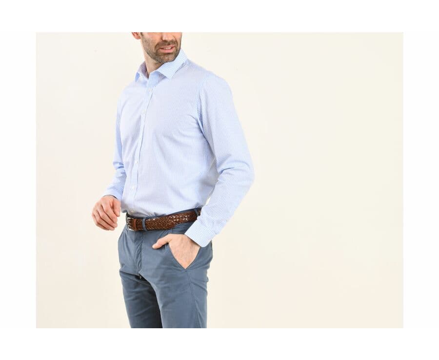 Chemise blanche à carreaux bleus clairs - Col français - ALFIERO
