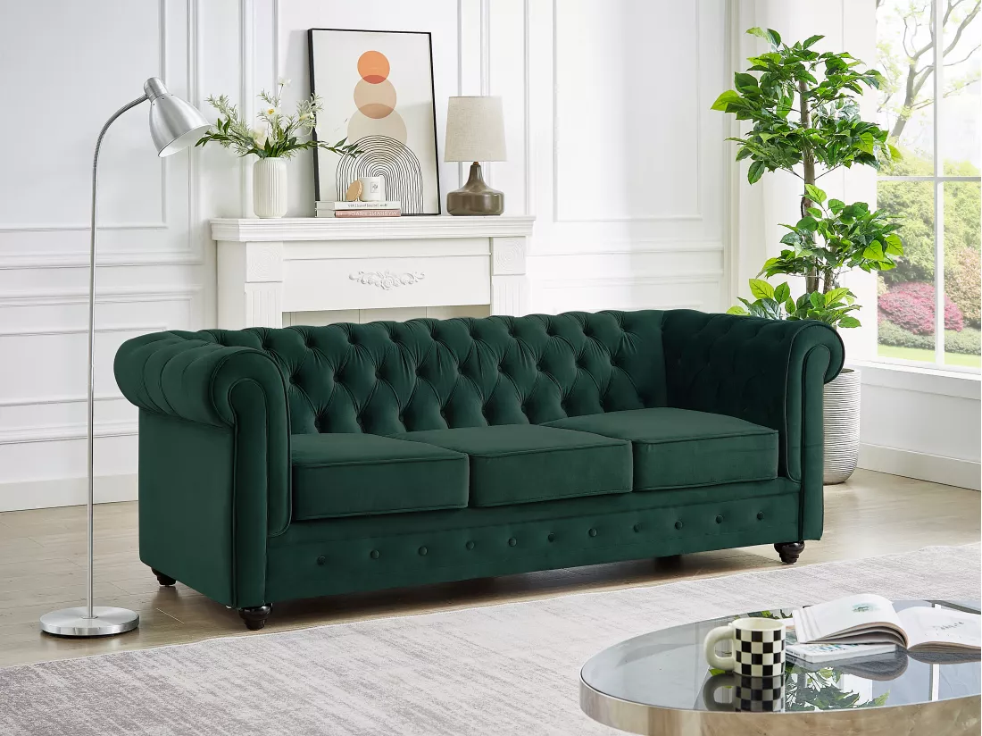 Canapé 3 places et fauteuil en velours vert CHESTERFIELD