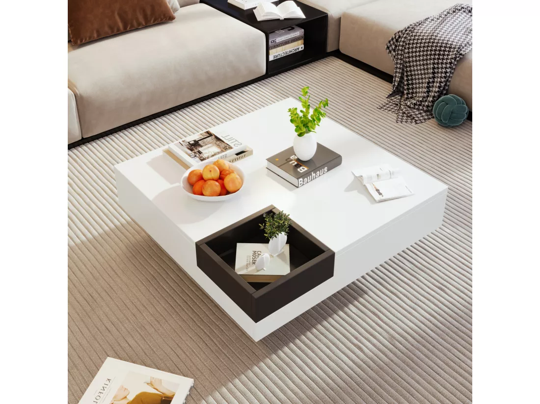 Table basse LED carré 72x72x30 cm, table de salon, table d'appoint avec boîte de rangement amovible, coloris blanc