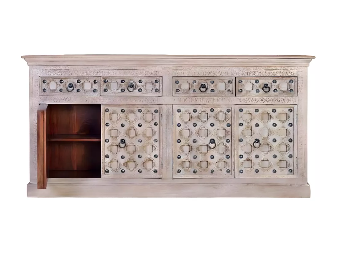 Bahut 4 Tiroirs Bois, Fer Blanc 190x40x92cm Bois-Fer - Yzaline Décoration d'Autrefois