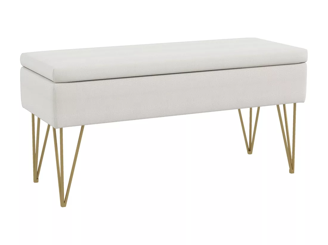 Banquette coffre de rangement 2 en 1 design art déco - piètement épingle acier doré tissu crème