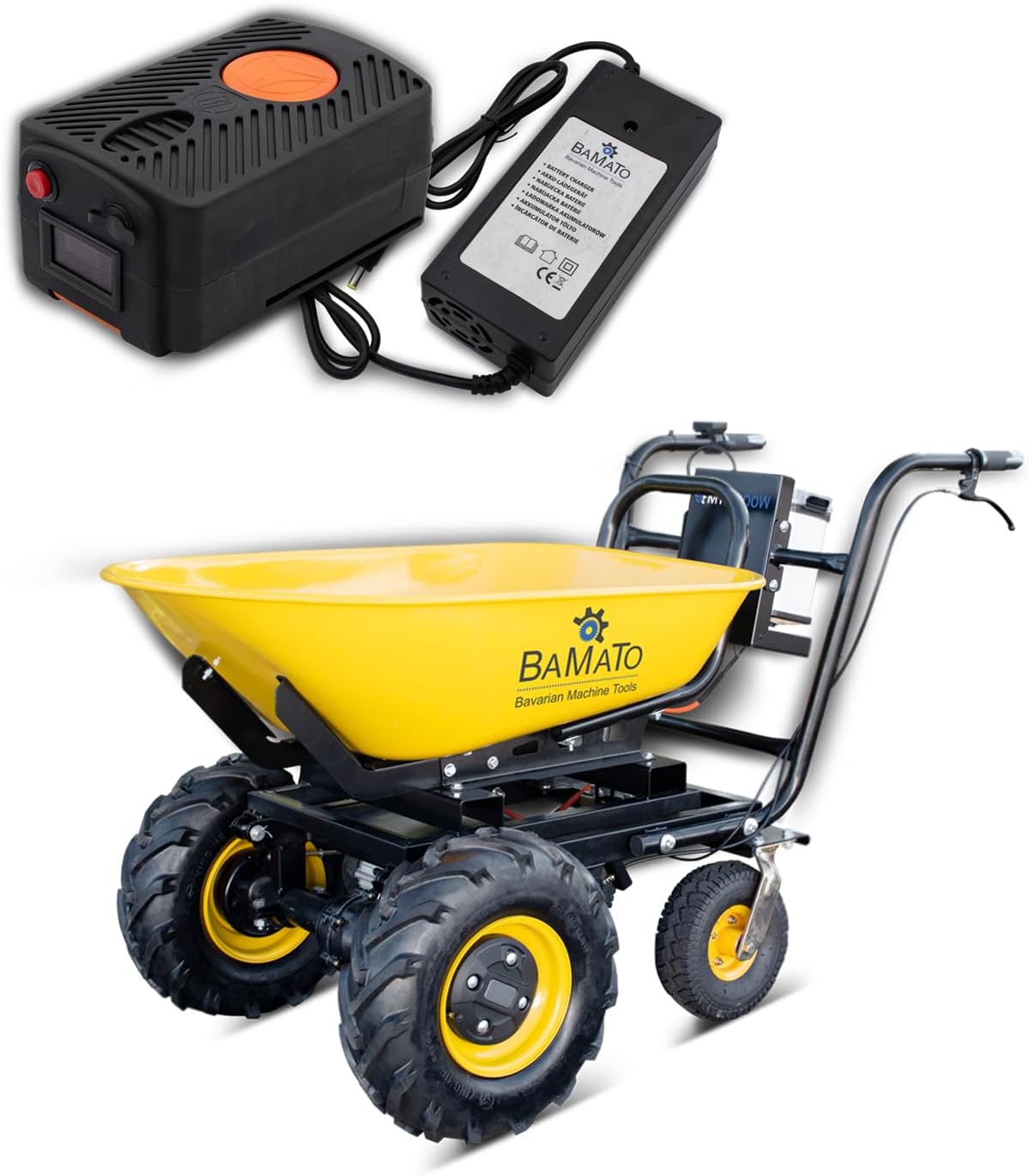 BAMATO Elektrische Schubkarre MTR-300W | Elektroantrieb | 300 kg Traglast | 400W Motorleistung | Max. 6,0 km/h vorwärts | Muldenvolumen 100 Liter | Stufenlose Geschwindigkeit | Schubwagen Schubkarren