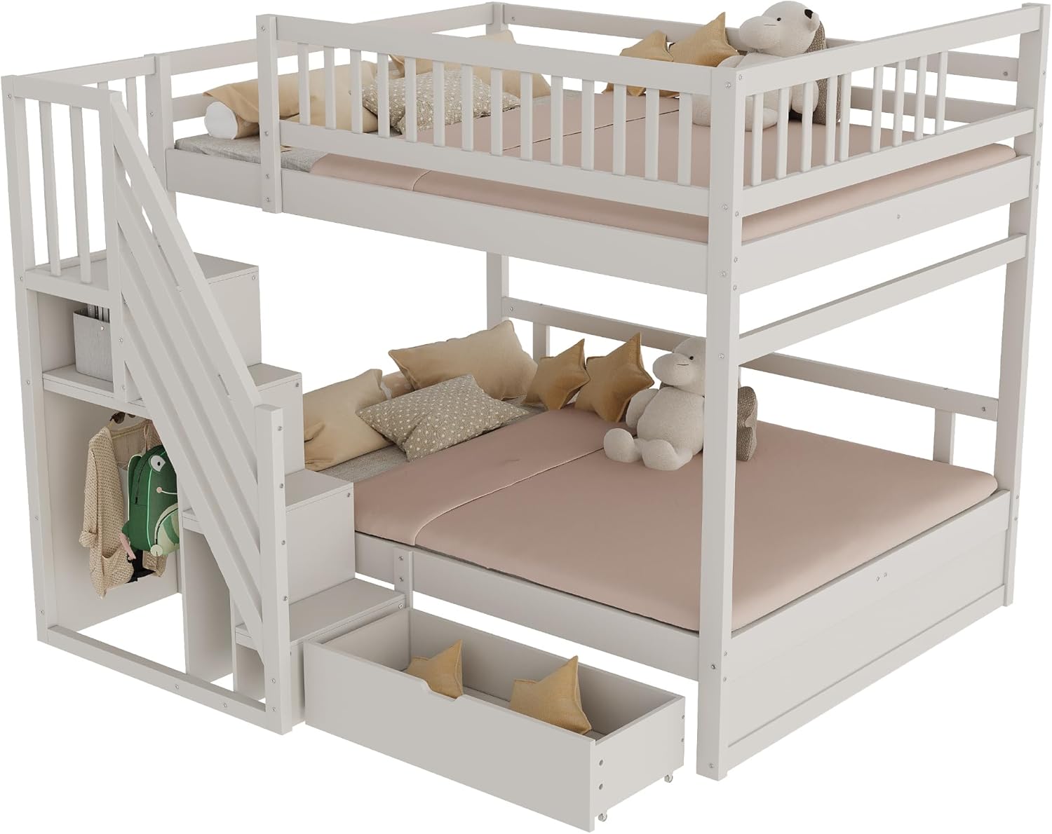Kinderbett Etagenbett 140x200, Hochbett für 4 Kinder, Stockbett mit Treppe&Aufbewahrungsschrank&Schublade, Holzbett Jugenbett Funktionsbett mit Lattenrost&Rausfallschutz,Kiefernholz,Ohne Matratze,Weiß