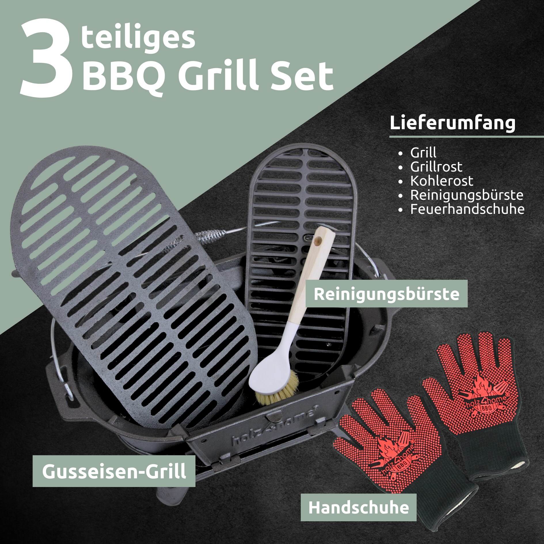holz4home® XXL Gusseisen Holzkohle Grill mit Grillrost | Camping Grill, Hibachi Style