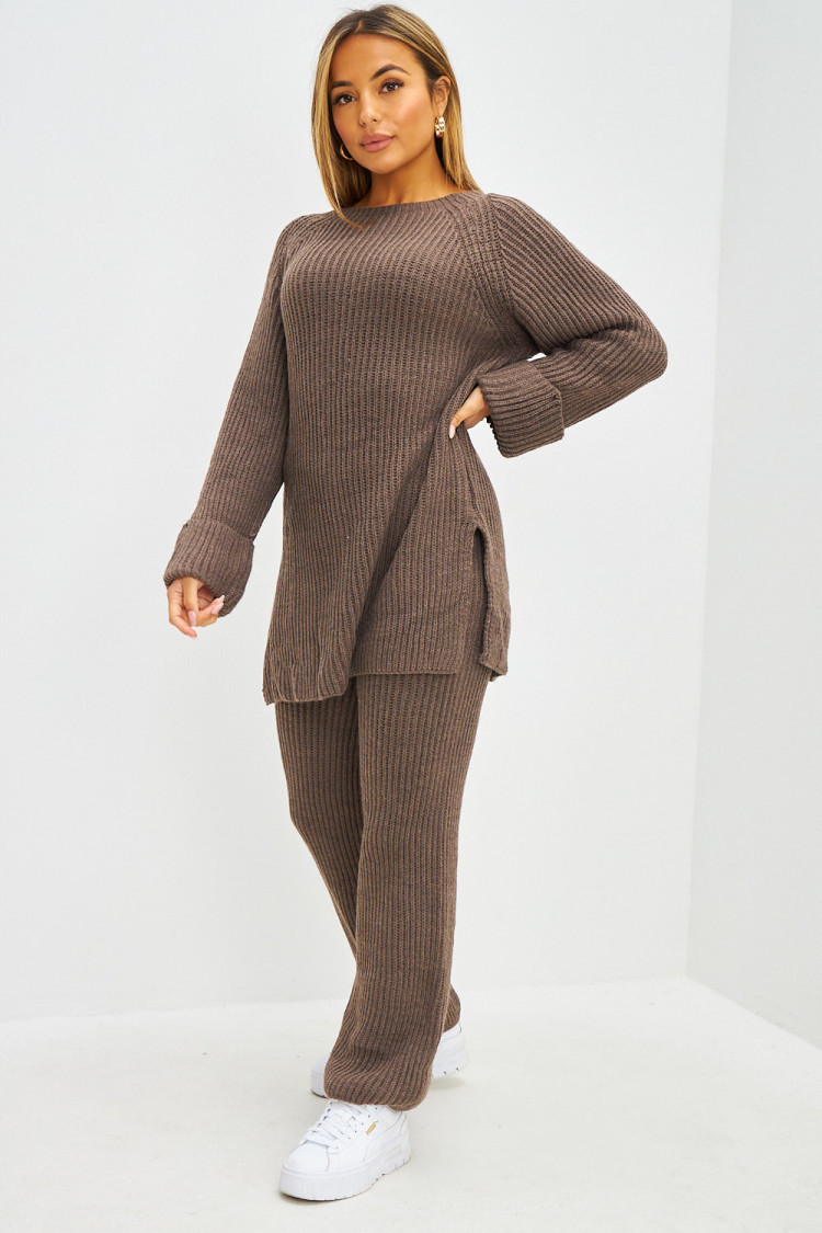Ensemble 2 pièces pull long + pantalon en grosses mailles taupe