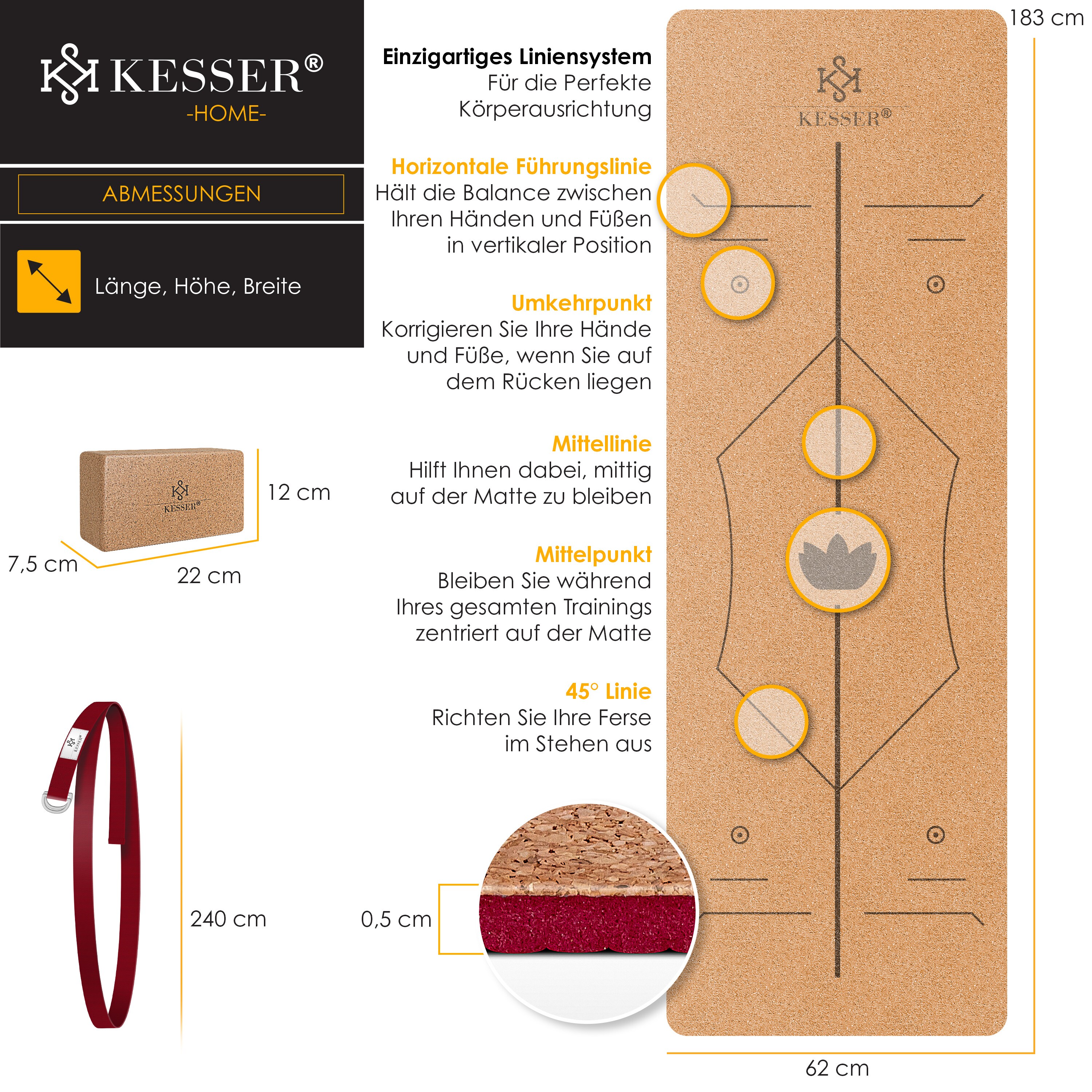 KESSER® Yogamatte Kork Inkl. Tragegurt Tasche & Yoga-Block Gymnastikmatte Yoga Matte rutschfest aus Naturkautschuk TPE Fitnessmatte, 183 x 62 Trainingsmatte für Fitness Sportmatte, Gymnastik extradick