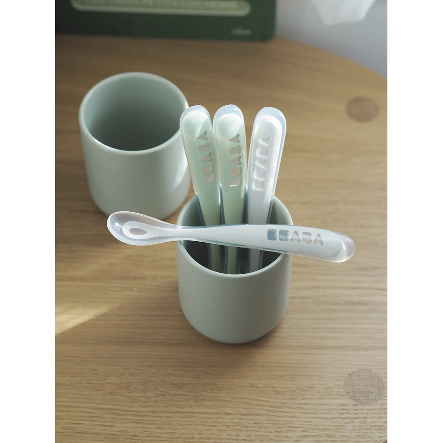 BEABA® Babylöffel 4er Set aus Silikon ab 8 Monate, velvet grau salbeigrün