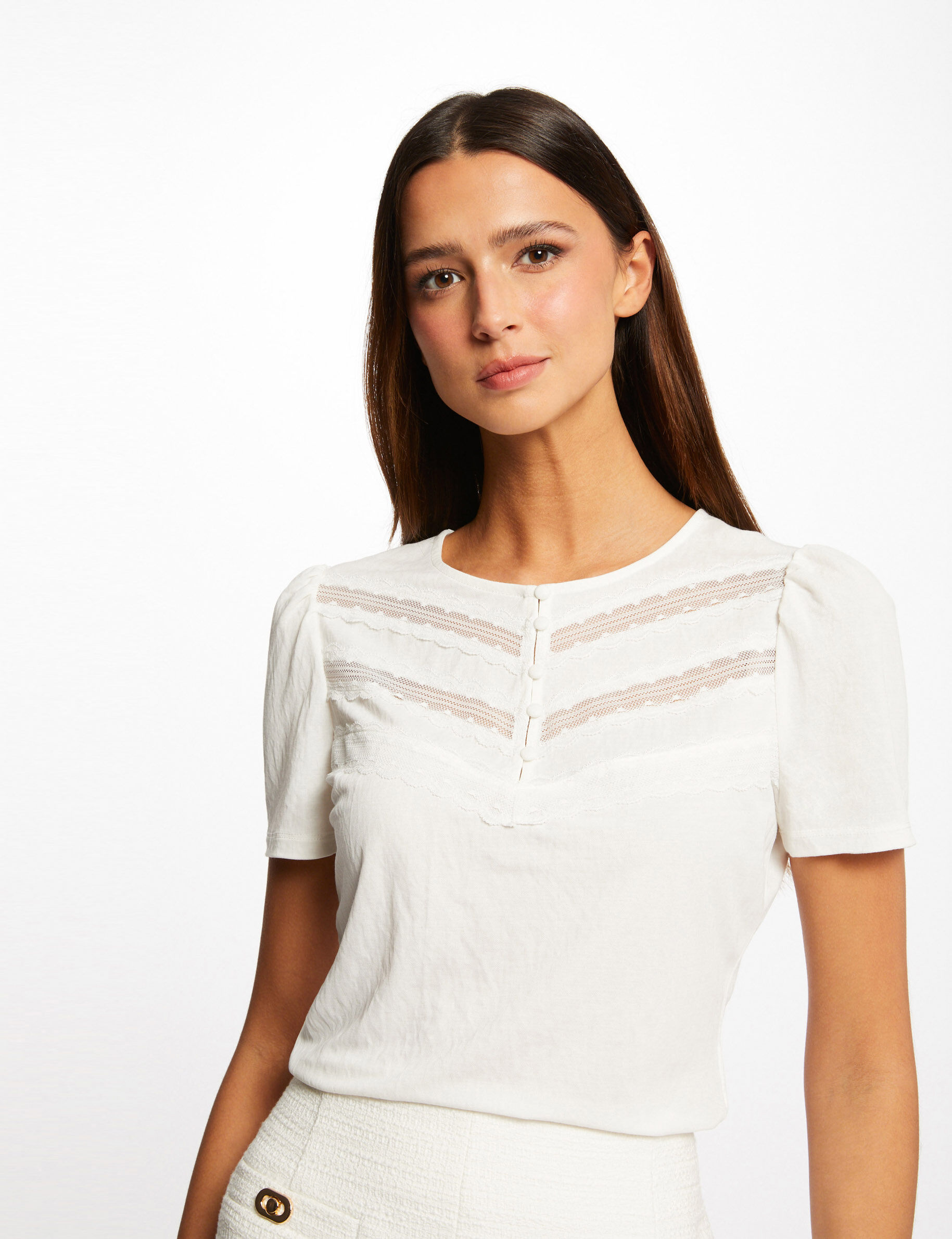 T-shirt manches courtes avec dentelle ecru femme - ecru