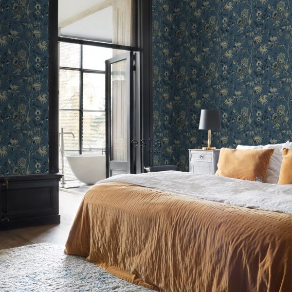 Estahome Vintage Bloemen Behang II - 0,53 x 10,05 m - Donkerblauw / Olijfgroen