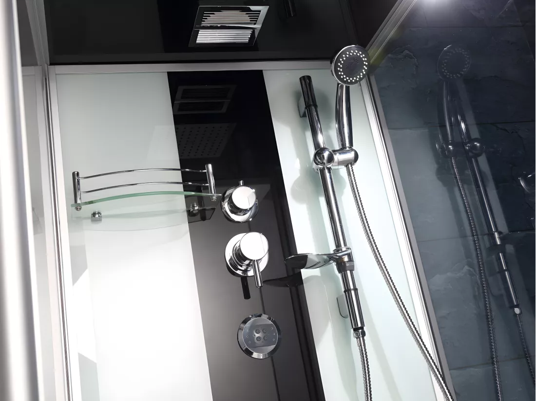 Baignoire douche balnéo - Profilés gris foncé - L150 x P75 x H215 cm - 30 microjets et 6 gros jets - DARIA