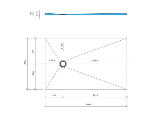 Receveur de douche à carreler 160 x 100 WEDI Fundo Primo rectangle écoulement excentré + bonde verticale + kit d'étanchéité