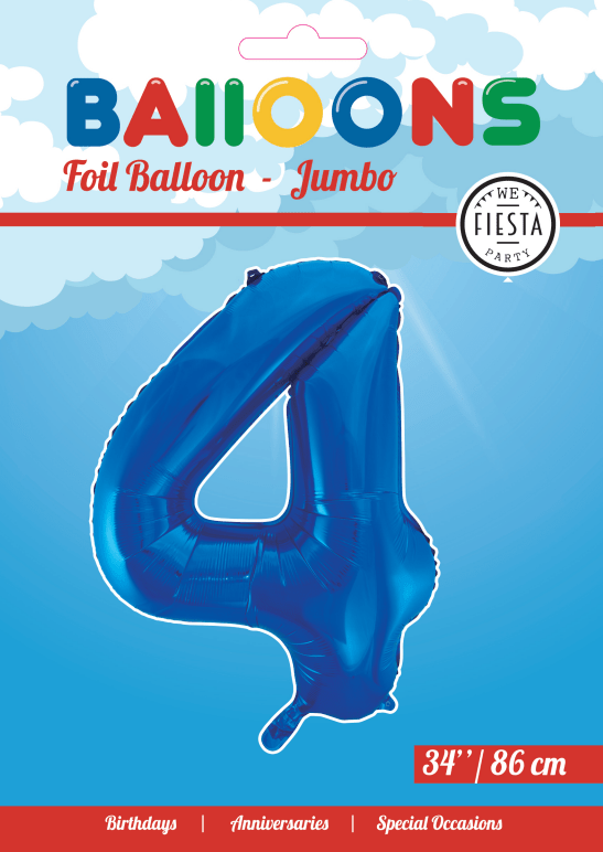 Folie Ballon Cijfer 4 Blauw XL 86cm leeg