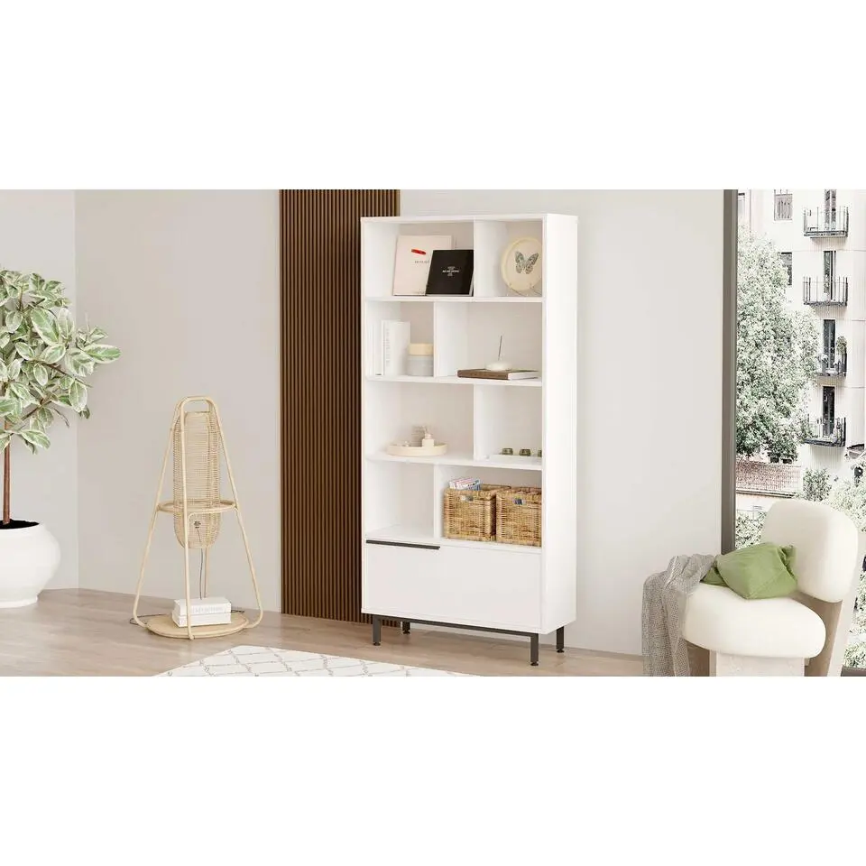Woody Fashion boekenplank - 100% melamine coating, metalen poten, wit.