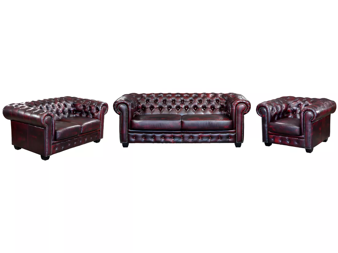Canapés chesterfield 3 places 2 places et un fauteuil BRENTON 100% cuir de buffle - Bordeaux