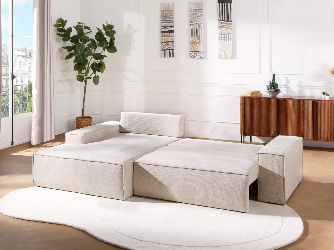Canapé d'angle gauche convertible en tissu texturé beige AMELIA