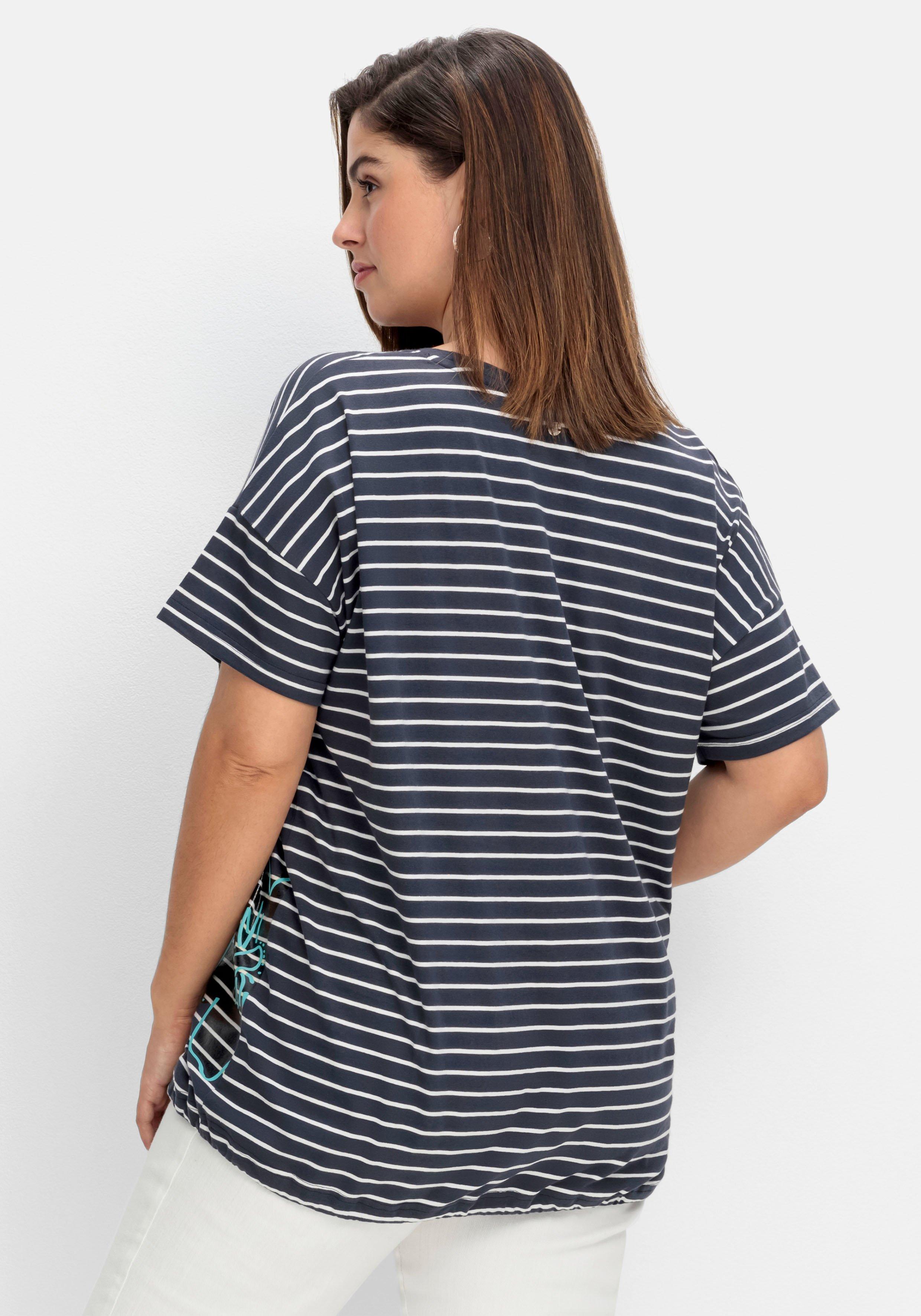 Ringelshirt mit Saum-Bindeband und Druck seitlich