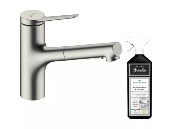 Robinet de cuisine avec douchette HANSGROHE Zesis M33 150 sBox 2 jets aspect acier inox + nettoyant Briochin