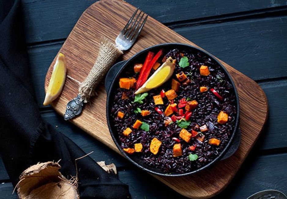 Zwarte rijst met flespompoen