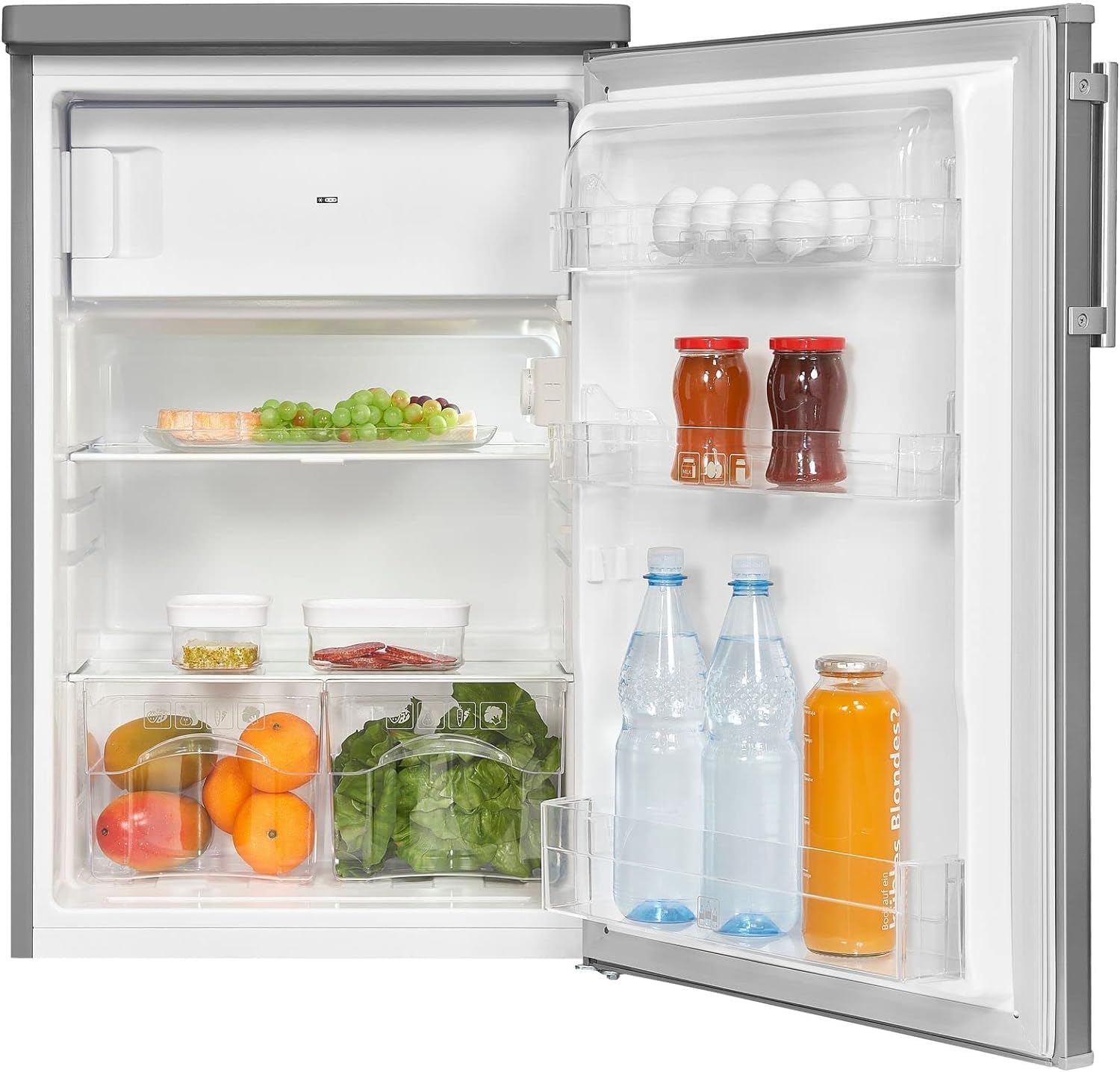 Exquisit Kühlschrank KS16-4-HE-040E inoxlook | 109 l Nutzinhalt | Edelstahloptik | Gemüsefach | Gefrierfach | Kompakt | LED Licht