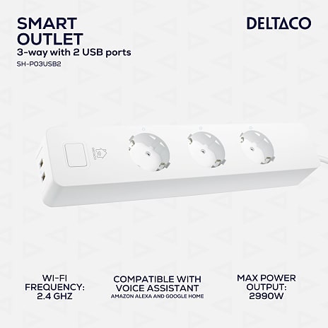 Deltaco Smart stikdåse med 3 stik og 2 USB-porte - hvid