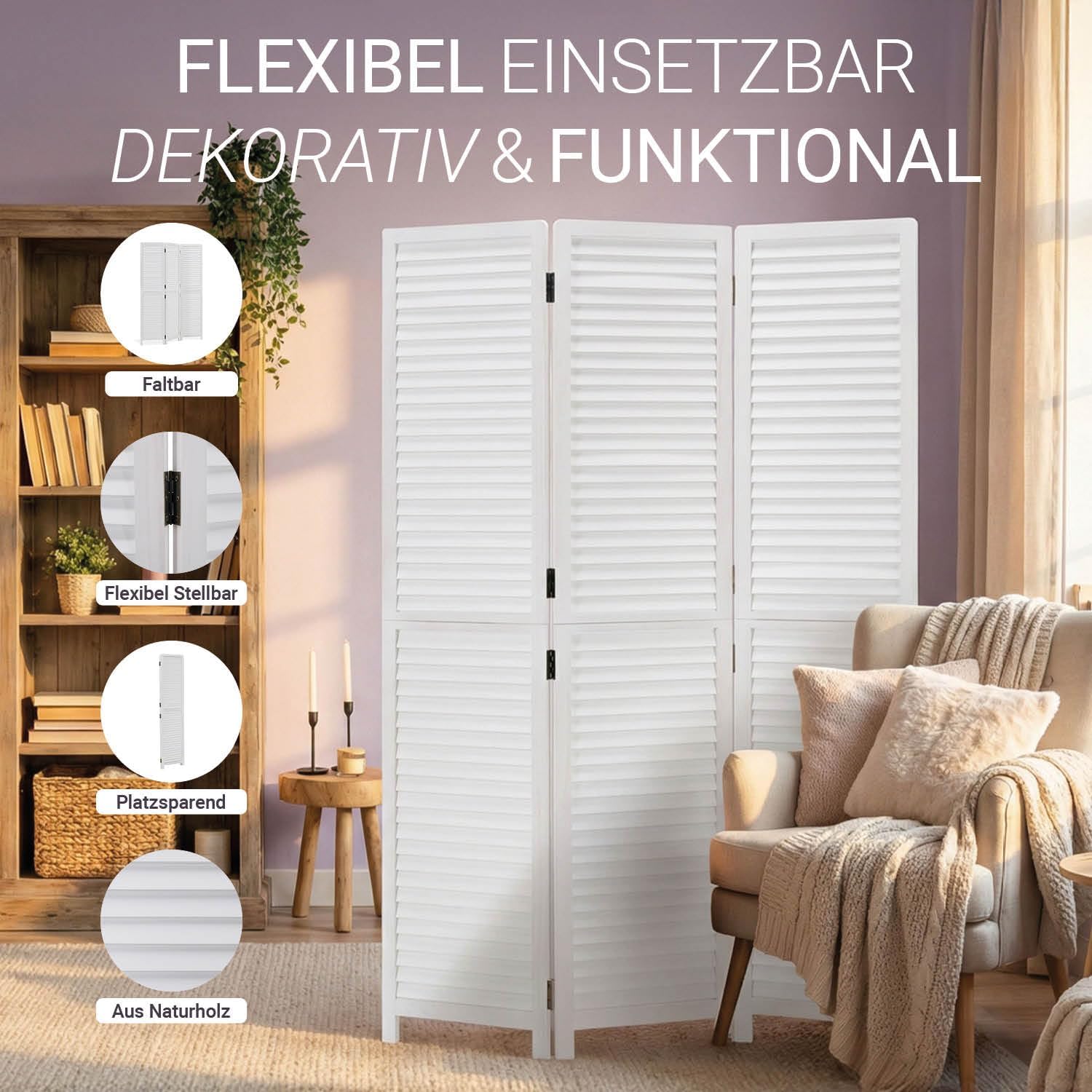 Homestyle4u Paravent Raumteiler weiß 3-teilig Holz Lamellen 170 cm, Sichtschutz Raumtrenner freistehend AQ8196698
