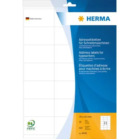 HERMA Adressetiketten für Schreibmaschinen, Ecken spitz, 70 x 42mm, 420 Stück